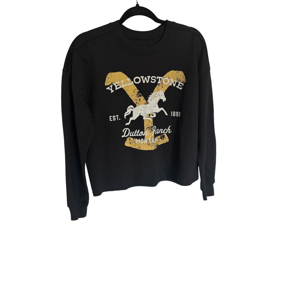 Yellowstone Dutton Ranch Graphic Cropped Sweatshirt Black Small Horse Logo TV